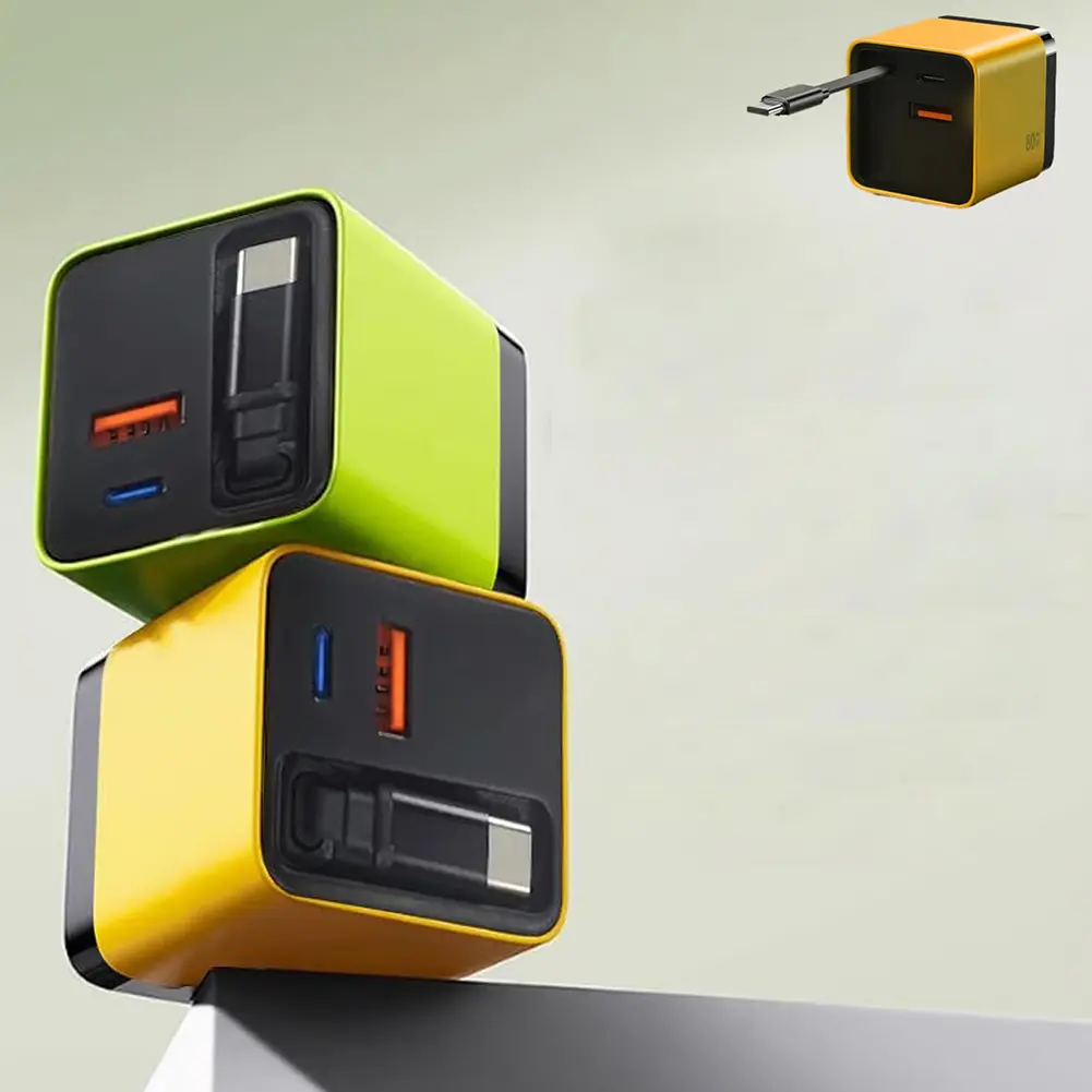 Scalable 80W Max Fast Charger Module with Type C Cable and 2 USB Ports Retractable Phone Charger Wall Plug Wall Charger