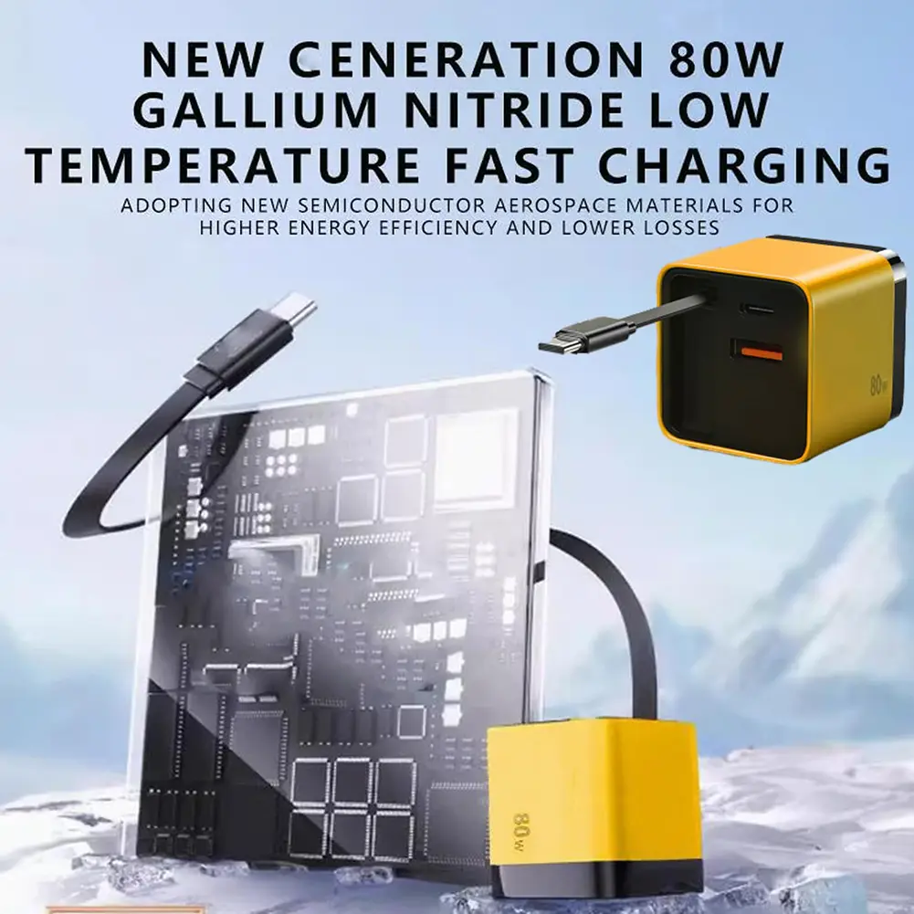 Scalable 80W Max Fast Charger Module with Type C Cable and 2 USB Ports Retractable Phone Charger Wall Plug Wall Charger