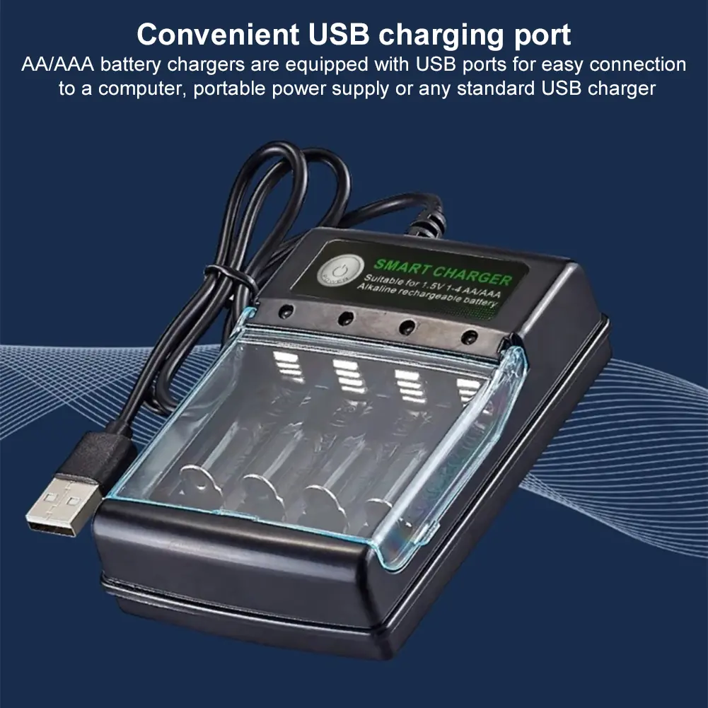 4-Slot Battery Charger with USB Cable Smart Universal Charger Intelligent Battery Charger Fast Charger for 1.5V AA/AAA Batteries