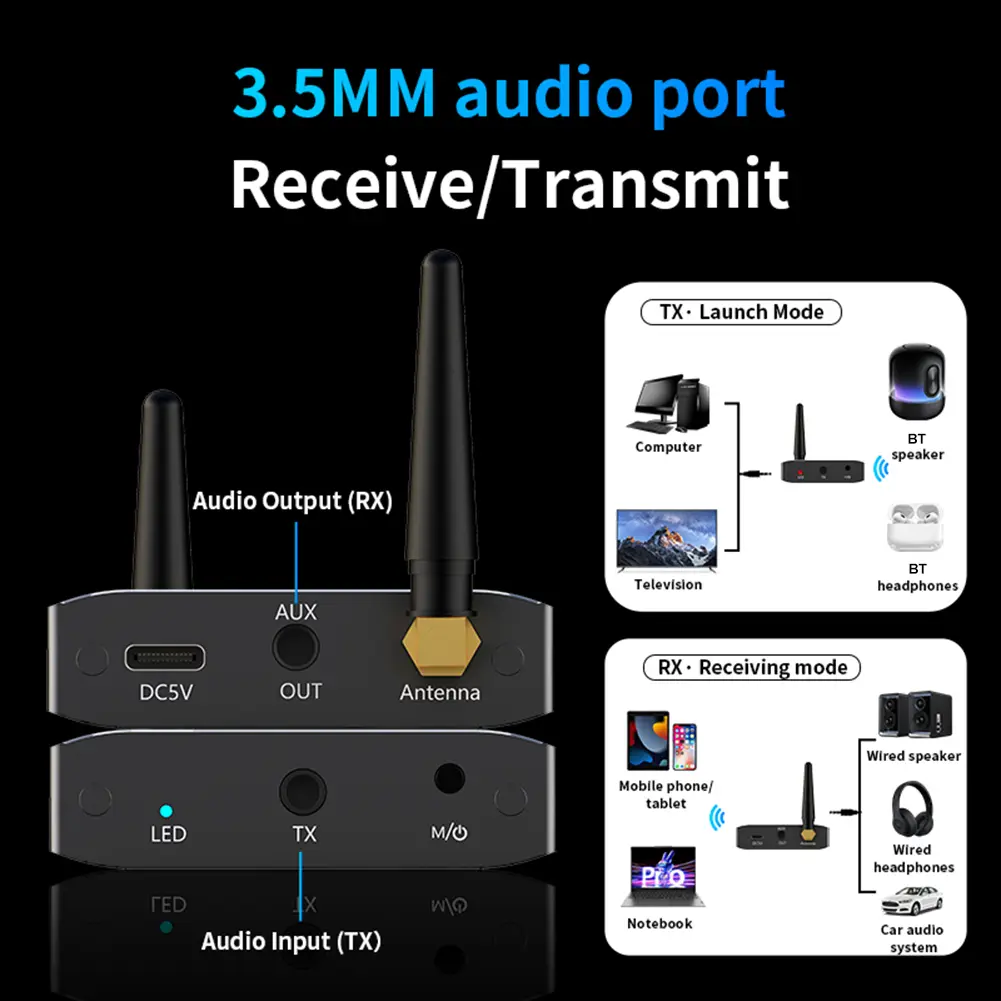 2 In 1 BT 5.3 Transmitter Receiver Wireless Audio Adapter Music Receiver for TV/Car/PC/Home Stereo/Speakers