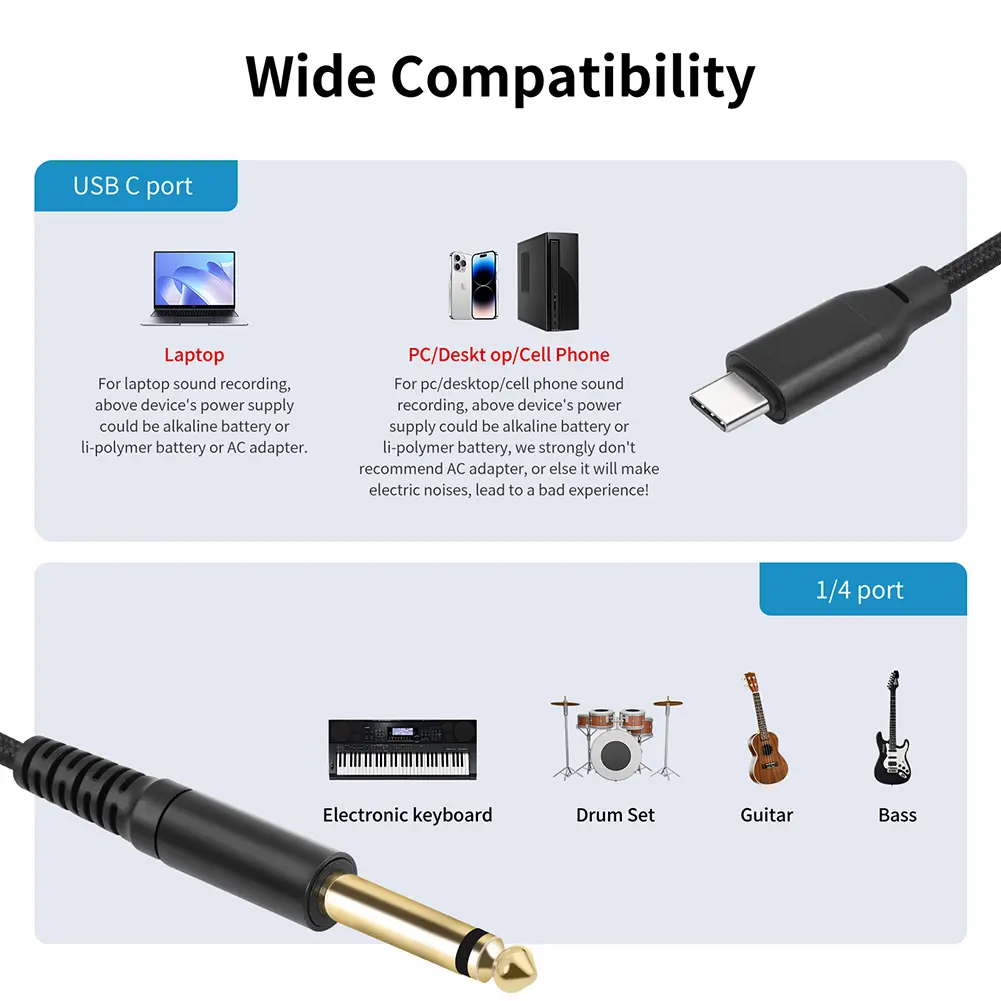 1/2/3M USB C To 6.35mm 1/4 TS Audio Stereo Cable Type C To 6.35mm Aux Jack Cord 6.35mm Mono To USB Type-C Recording Cord Adapter