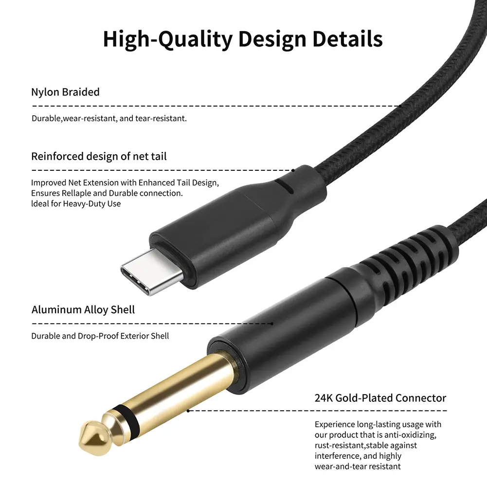 1/2/3M USB C To 6.35mm 1/4 TS Audio Stereo Cable Type C To 6.35mm Aux Jack Cord 6.35mm Mono To USB Type-C Recording Cord Adapter