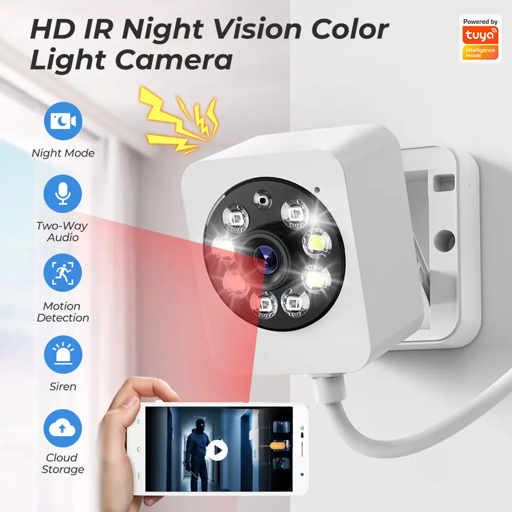 Tuya CCTV Surveillance Camera Color Night Vision 2.4G Wifi Monitoring Camera As Night Light Support 128GB TF Card Audio Intercom