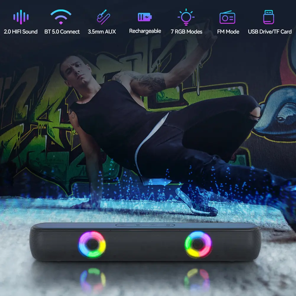 BT5.0 High Bass Audio Speaker USB Charging Hi-Fi Gaming Speaker 1800mAh Wireless Soundbar Speaker for Outdoor Travel Picnic