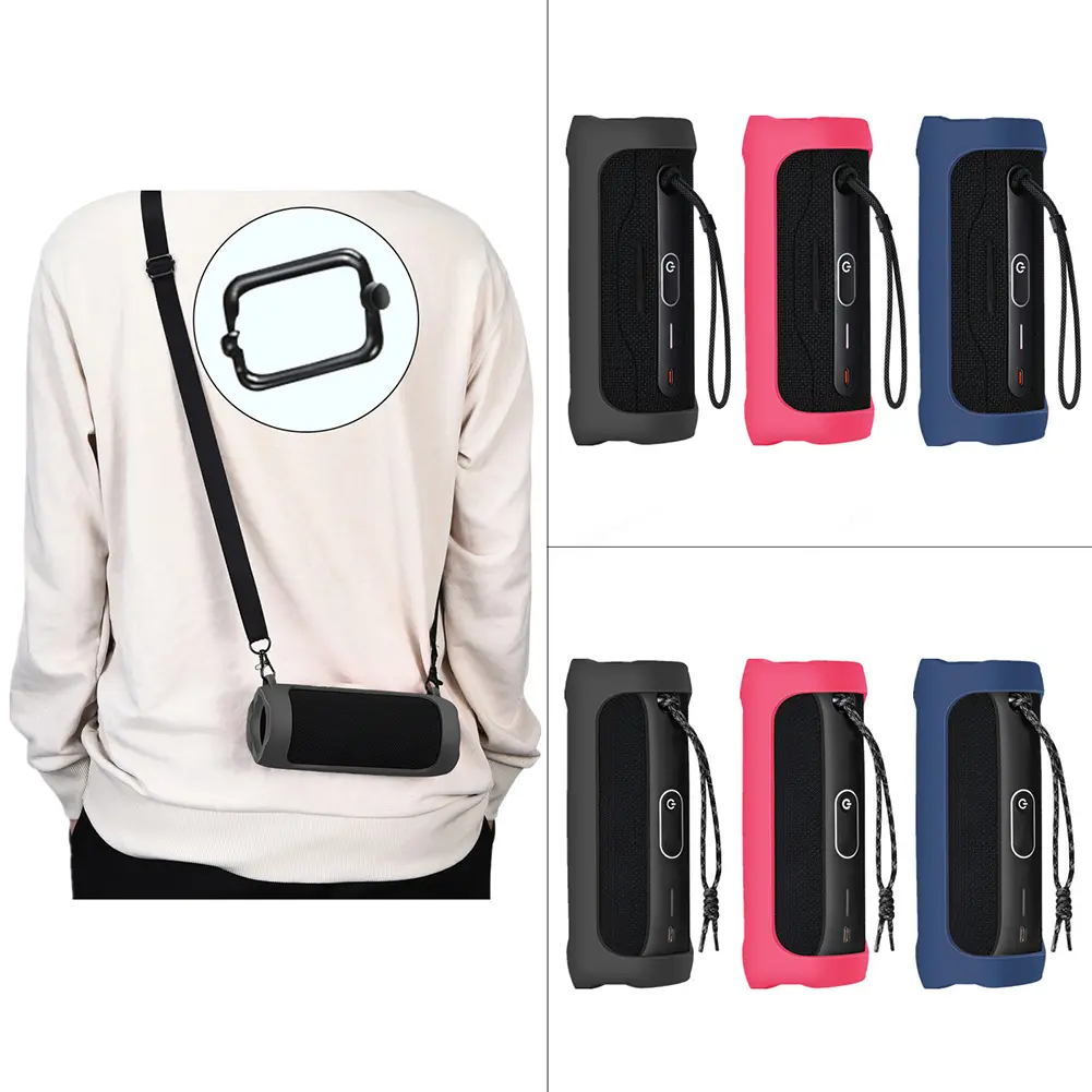 Silicone Protective Cover with Carabiner Waterproof Speaker Protective Case Adjustable Strap Portable for JBL Flip 6/Flip 5