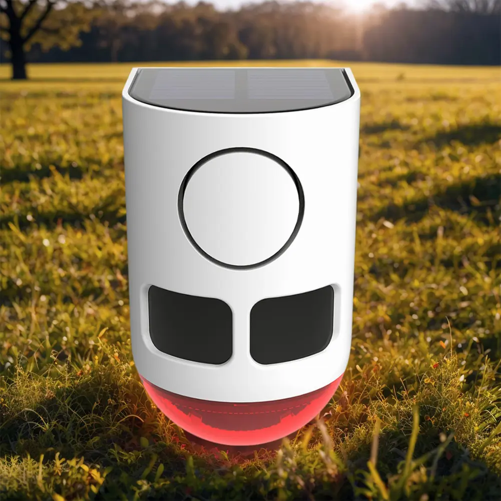 Solar Outdoor Motion Sensor Alarm Home Security Alarm with Flashing Light Animal Repeller Sound Noise Maker for Yard Farm Garden