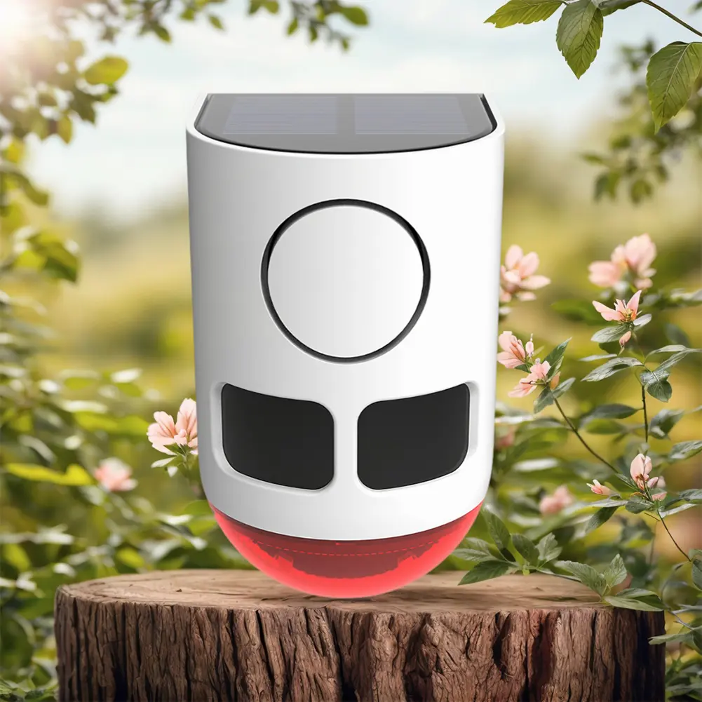 Solar Outdoor Motion Sensor Alarm Home Security Alarm with Flashing Light Animal Repeller Sound Noise Maker for Yard Farm Garden