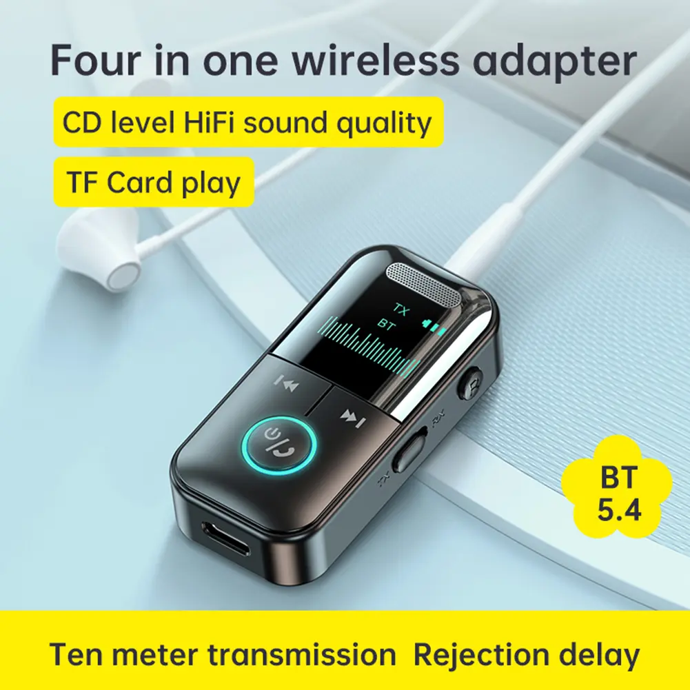 BT 5.4 Audio Transmitter Receiver Wireless Audio 3.5mm Jack Aux Adapter with LED Display Support TF Card for Car Laptop Radio TV