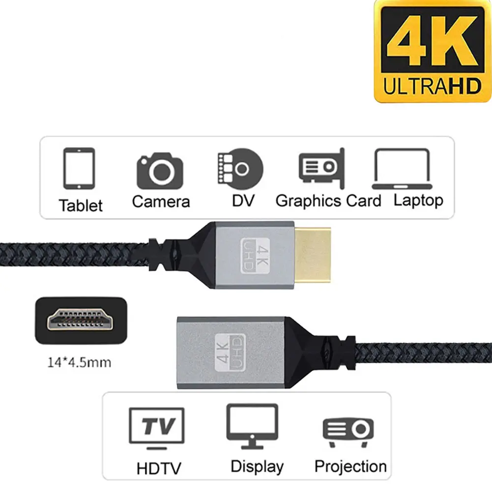 15CM Extender Wire Cord 4K 60Hz HDMI-Compatible Male To Female Cable Adapter 18 Gbps Nylon Braid for HDTV PS4