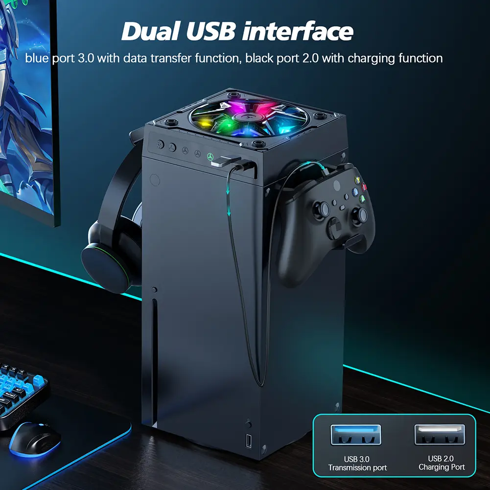For Xbox Series X Console Low Noise Top Fan with RGB Light Top Cooler Dust Proof Cooling System 2 USB Port for Game Players