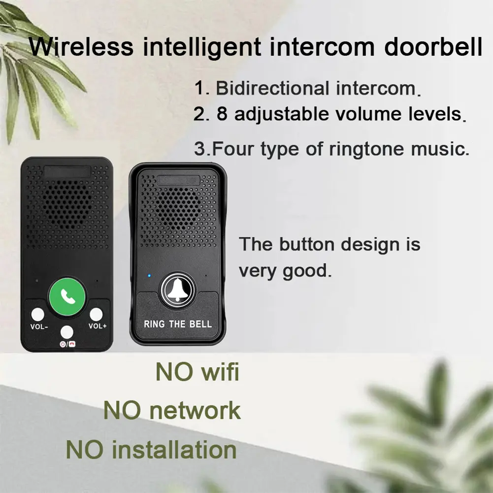 Wireless Doorbell  Rechargeable Battery Hands Free Two Way Full Duplex Intercom Door Bell One Press to Talk Door Chime