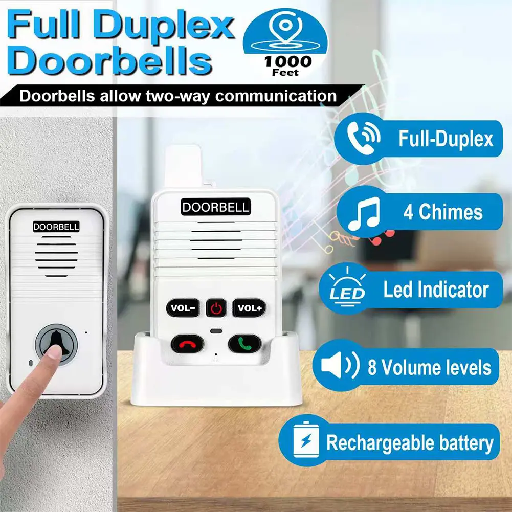 Wireless Voice Duplex Intercom Doorbell 500M Hand Free Two Way Wireless Doorbell with Rechargeable Battery for Factory Office