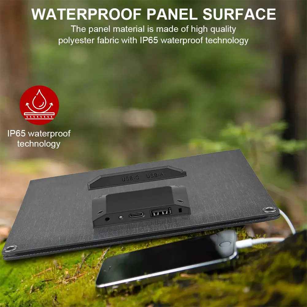 24W Foldable Solar Panel Waterproof Camping Solar Panel Charger with USB-C USB-A Outputs for Phone Power Bank Small Fan
