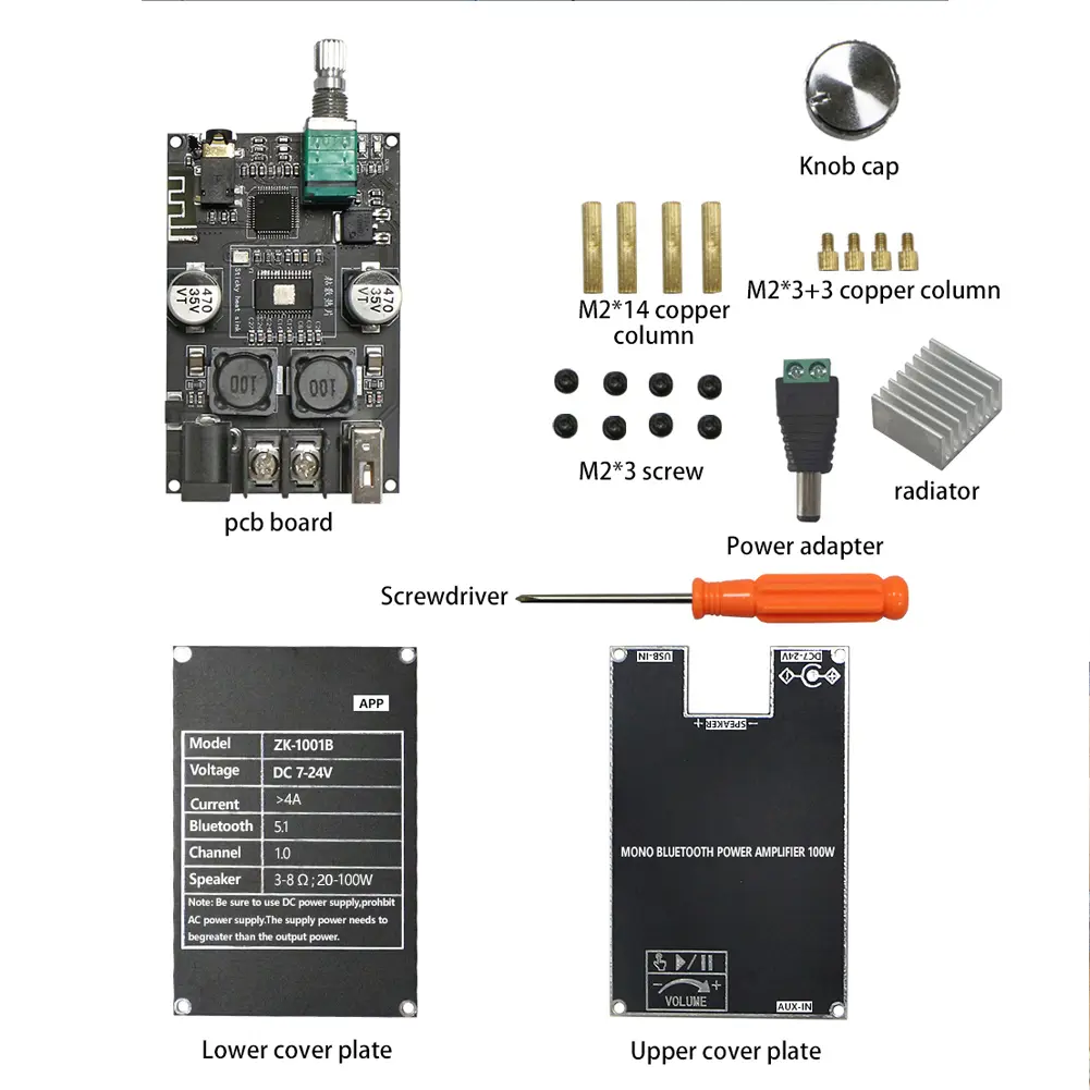 ZK-1001B Mono 100W Audio Power Amplifier Module Bluetooth-Compatible 5.1 AUX TPA3116D2 Amplifier Board DC7V-24V for Home Theater