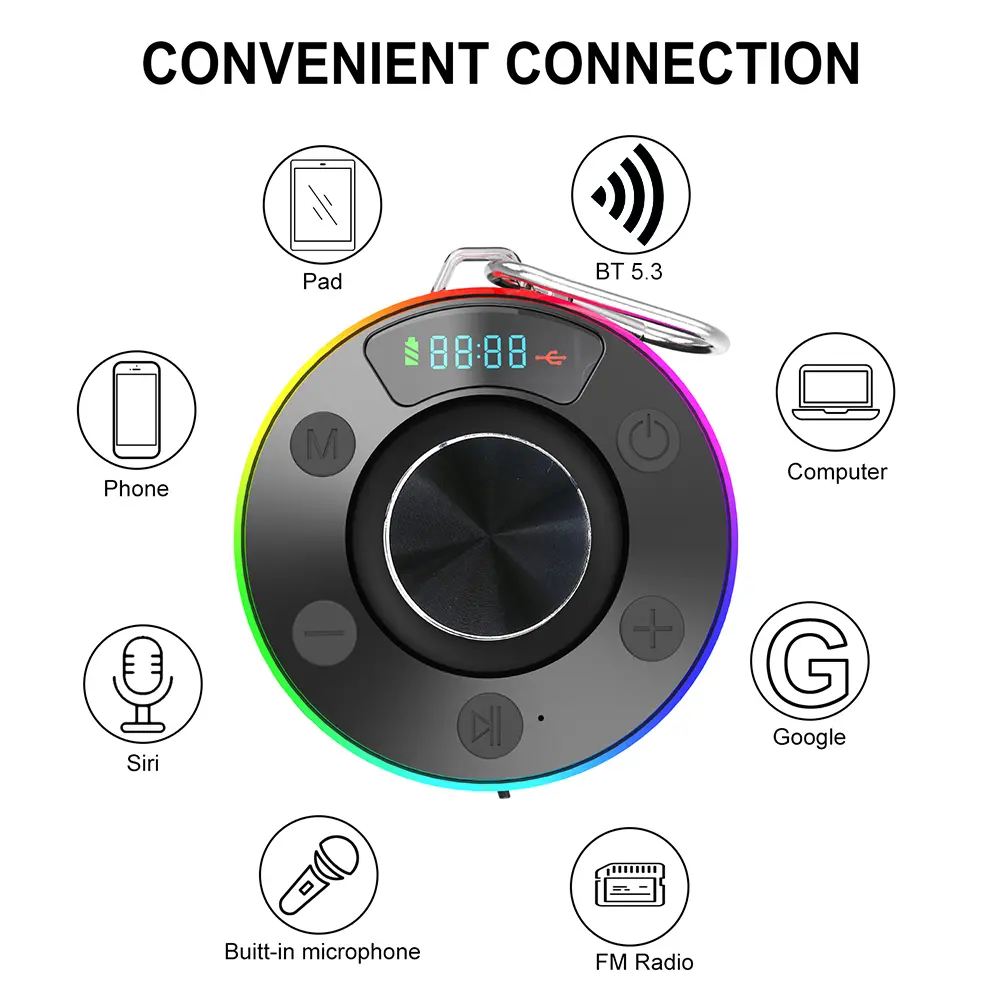 Bluetooth-Compatible 5.3 Shower Speaker FM Radio Mini Speaker with Suction Cup Stereo Subwoofer for Kayak Beach Pool Accessories