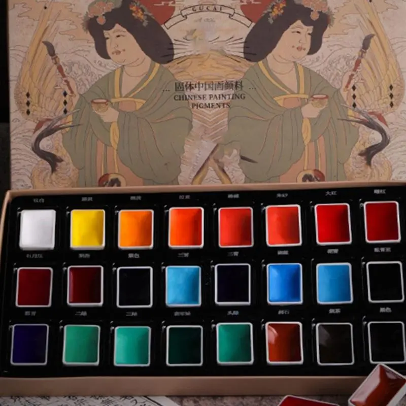 LXAA 12/24 Colors Chinese Watercolor Paints Traditional Watercolor Paint Set with Watercolour Paper Art Supplies for Painter