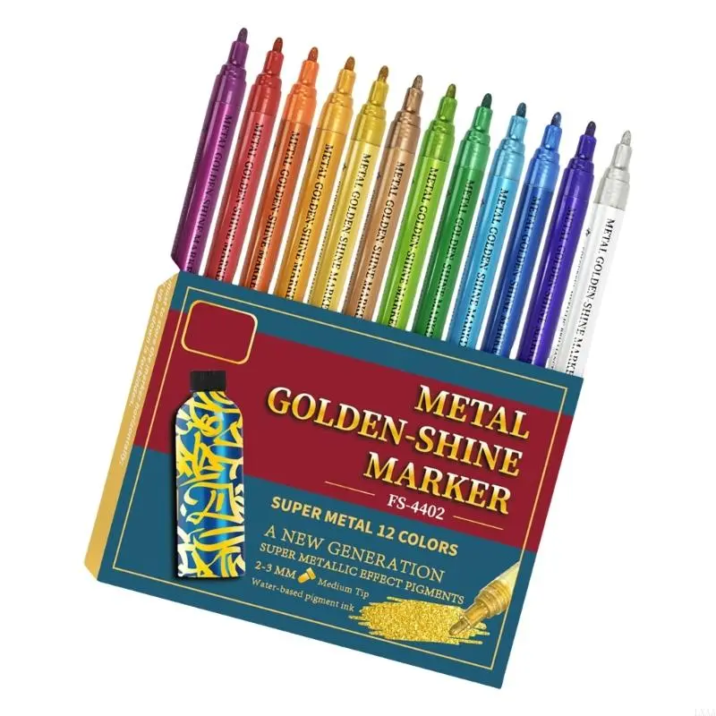 LXAA Metallic Paint Pen 12 Color Metallic Acrylic Marker Double Tip Acrylic Marker