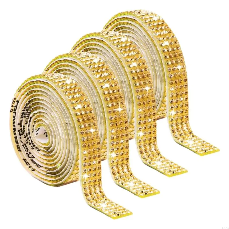 LXAA 4 Pcs Rhinestones Strips Rhinestones Ribbon Glittering Roll Stickers 4 Rows Rhinestones Stickers Trim for Crafts