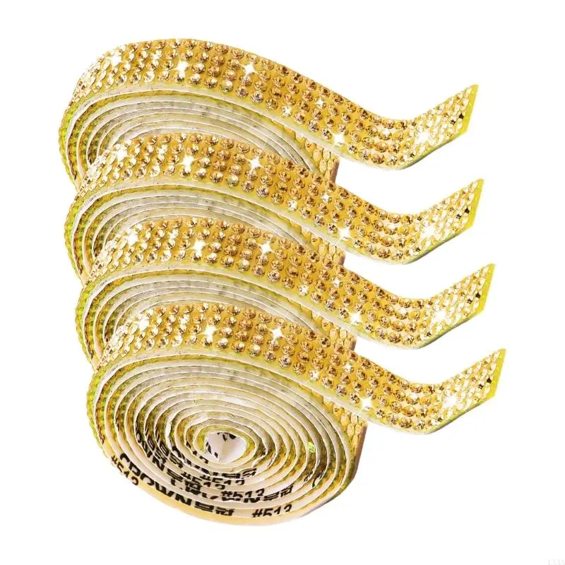 LXAA 4 Pcs Rhinestones Strips Rhinestones Ribbon Glittering Roll Stickers 4 Rows Rhinestones Stickers Trim for Crafts