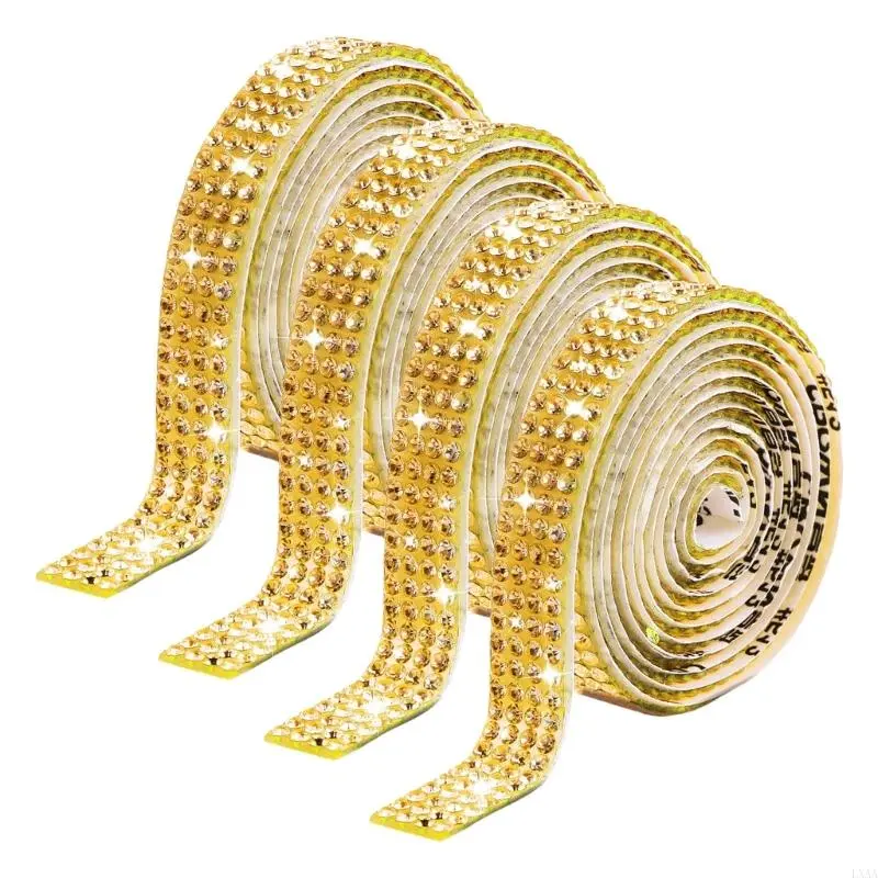 LXAA 4 Pcs Rhinestones Strips Rhinestones Ribbon Glittering Roll Stickers 4 Rows Rhinestones Stickers Trim for Crafts