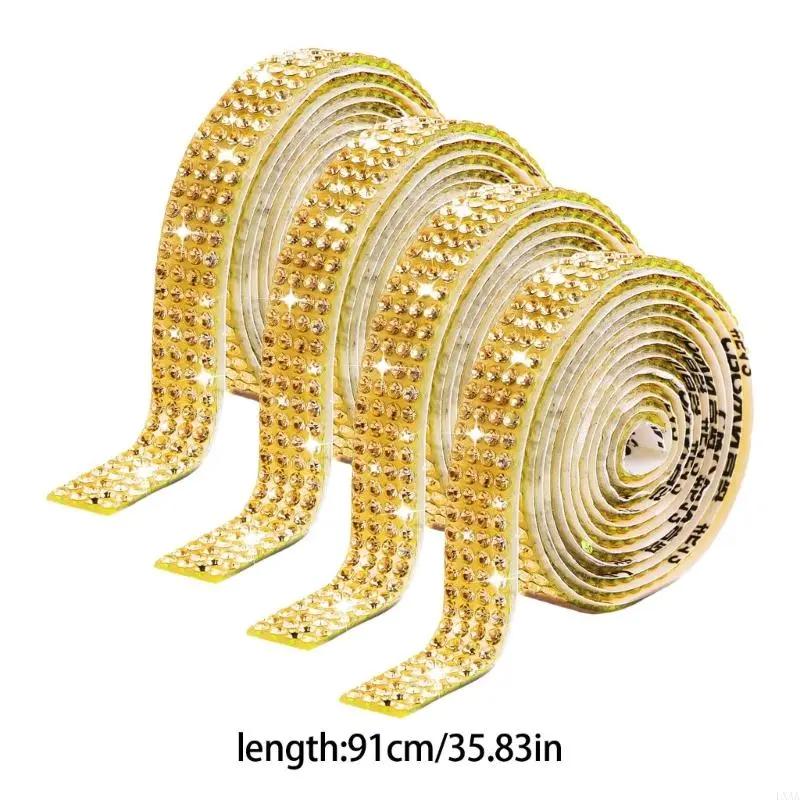 LXAA 4 Pcs Rhinestones Strips Rhinestones Ribbon Glittering Roll Stickers 4 Rows Rhinestones Stickers Trim for Crafts