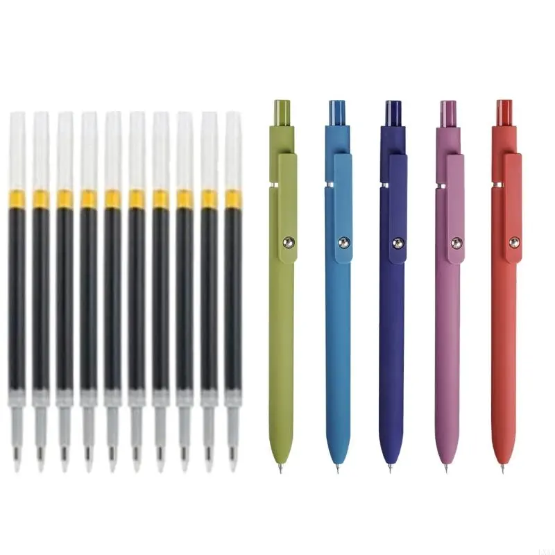 LXAA 5PCS Retractable Gel Pen with 10 Refills Quick Drying Gel Inks Pen 0.42MM Tip