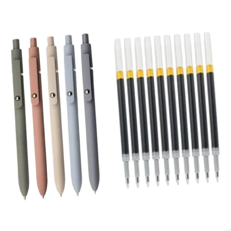 LXAA 5PCS Retractable Gel Pen with 10 Refills Quick Drying Gel Inks Pen 0.42MM Tip