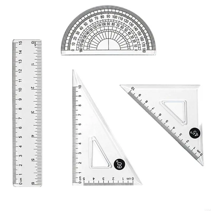 LXAA 4 Pcs Geometry Math Set Plastic 15cm Ruler Set Ruler Protractor Set Triangle Ruler for Kids Classroom Learning