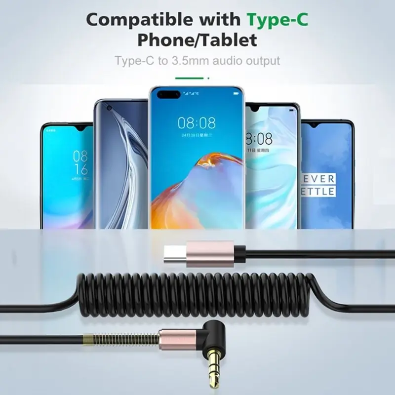 Elbow Spring Expansion Type-C Audio Adapter Type-C to 3.5mm Male Plug Jack Audio Cable Flexible Spring Cable Aux Line