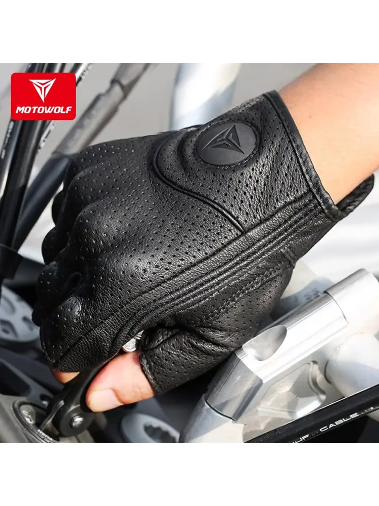 Men's Motocross Gloves Half Finger Sheepskin Leather - Vintage Biker Style with Adjustable Wrist Strap Smartphone Compatibility