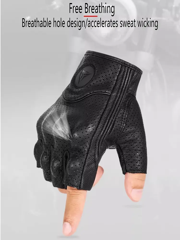 Men's Motocross Gloves Half Finger Sheepskin Leather - Vintage Biker Style with Adjustable Wrist Strap Smartphone Compatibility