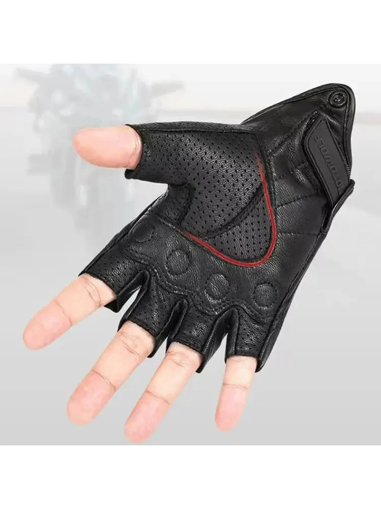 Men's Motocross Gloves Half Finger Sheepskin Leather - Vintage Biker Style with Adjustable Wrist Strap Smartphone Compatibility