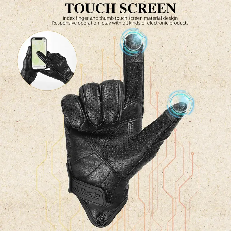 Retro Motorcycle Gloves PU Leather Touchscreen Protective for Men Women Perforated Breathable Motorbike Motorcross Cycling Glove