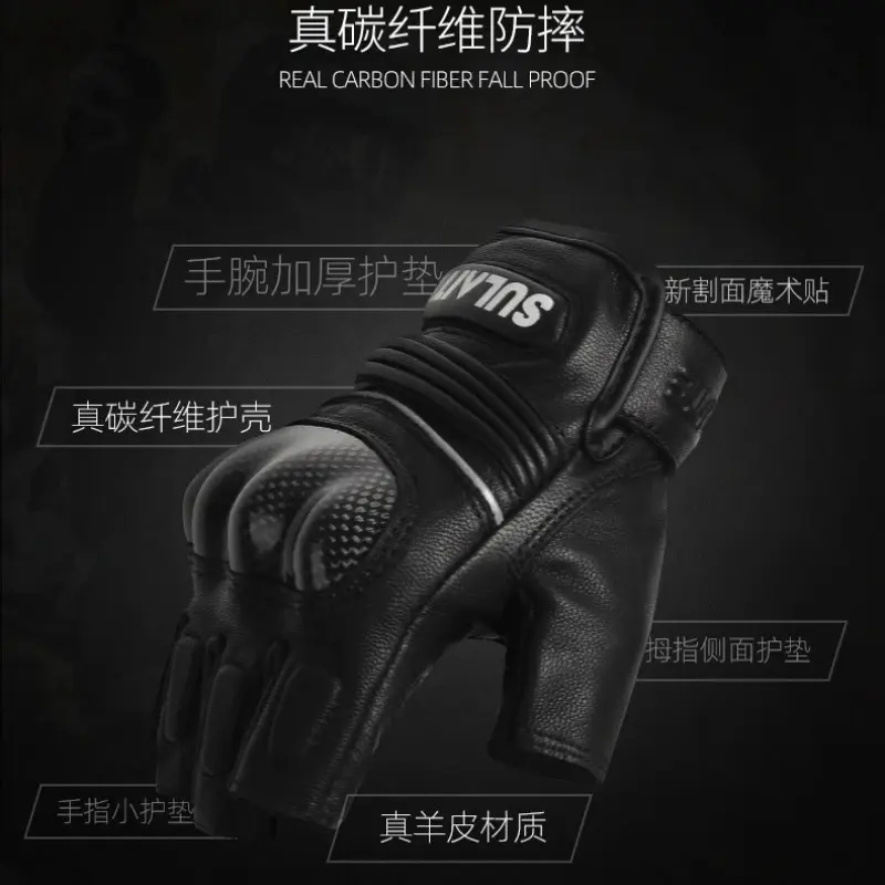 Men's Racing Style Motorcycle Gloves Half Finger Carbon Fiber Protective Breathable Sheepskin for MTB Offroad Biking Cycling