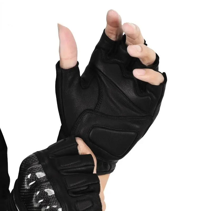 Men's Racing Style Motorcycle Gloves Half Finger Carbon Fiber Protective Breathable Sheepskin for MTB Offroad Biking Cycling