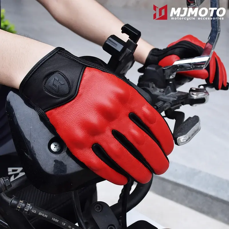 Retro Goat Leather Motorcycle Cycling Gloves Full Finger Protective Moto Riding Autumn Gloves Men Women Sheeoskin Glove Red