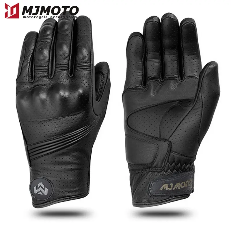Men's Retro Genuine Leather Motorcycle Gloves Summer Motorbike Gloves Moto Guantes Downhill Cycling Riding Racing Short Gloves
