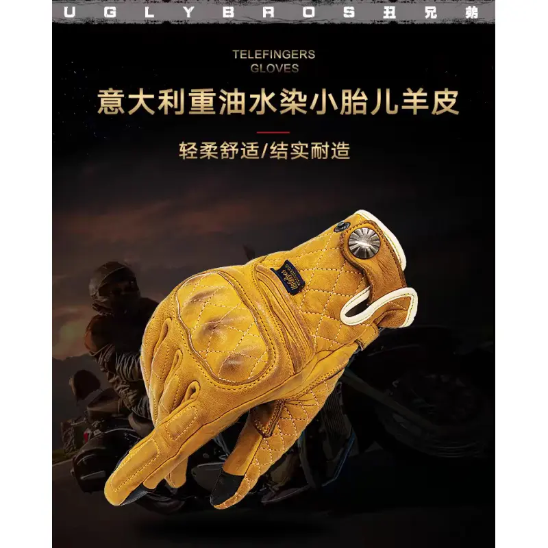 Uglybros Goat Genuine Leather Motorcycle Gloves Touch Screen Vintage Moto Gloves Protection Retro Motorbike Glove Size:Xs-3XL