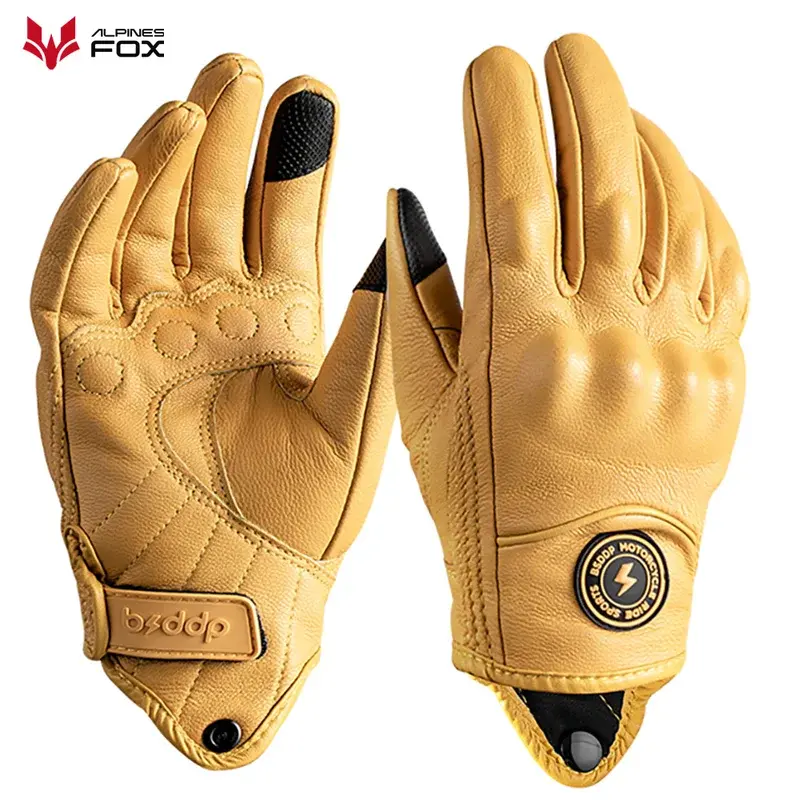 Retro Motorcycle Gloves with Touch Screen Tech Genuine Sheep Leather Thermal Lining & Anti-Slip Grip for ATV/Dirt Bike Winter