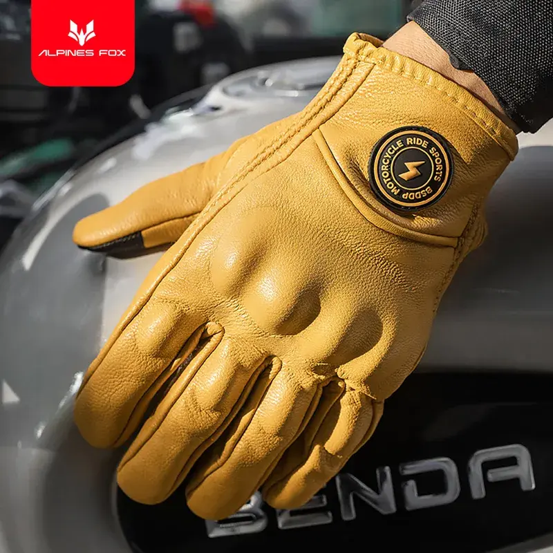 Retro Motorcycle Gloves with Touch Screen Tech Genuine Sheep Leather Thermal Lining & Anti-Slip Grip for ATV/Dirt Bike Winter