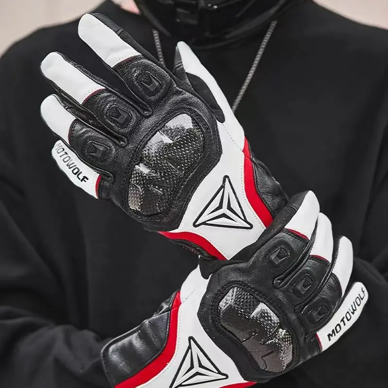 Winter Warm Leather Motorcycle Riding Gloves Thermal Inner Rainproof Windproof Touch Screen Carbon Fiber Protective Gear Guantes