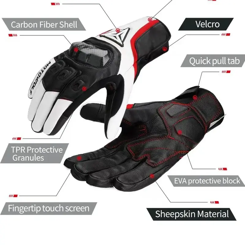 Winter Warm Leather Motorcycle Riding Gloves Thermal Inner Rainproof Windproof Touch Screen Carbon Fiber Protective Gear Guantes
