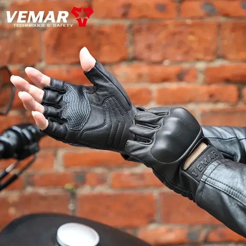 Genuine Leather Gloves Summer Motorcycle Rider Cycling Retro Men Women Breathable Anti-drop Luvas Sheepskin Half Finger Glove