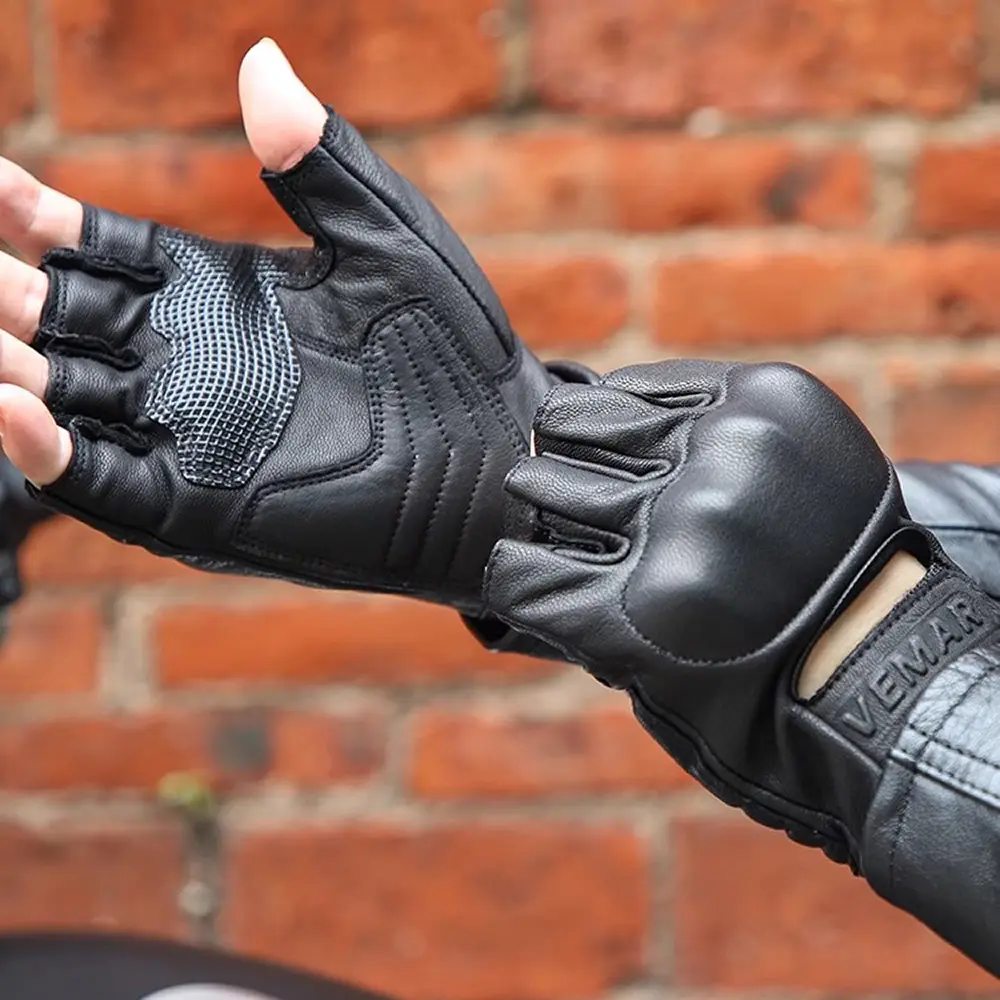 Genuine Leather Gloves Summer Motorcycle Cycling Retro Men Women Breathable Anti-drop Luvas Sheepskin Half-finger Gloves