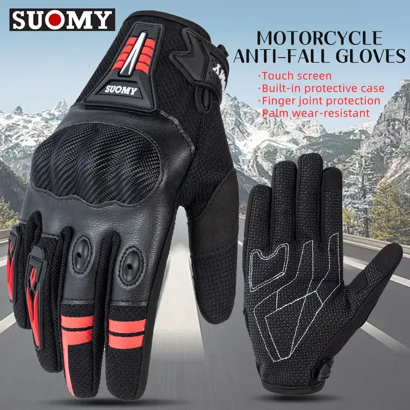 Suomy Summer Breathable Motorbike Gloves  Motorcycle Full Finger, PVC Protective & Touchscreen, Anti-Fall & Anti-Collision glove