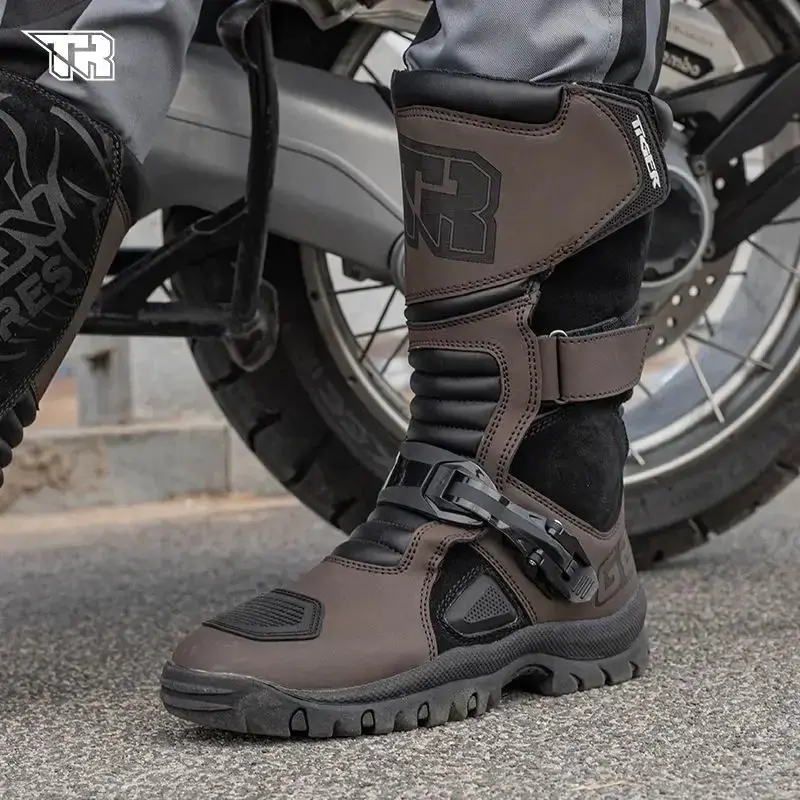 TR Ultra Comfortable Men's Motorcycle Boots Waterproof - Retro Style with Ankle Guard for Safe Riding Motorbike Botas Zapatillas