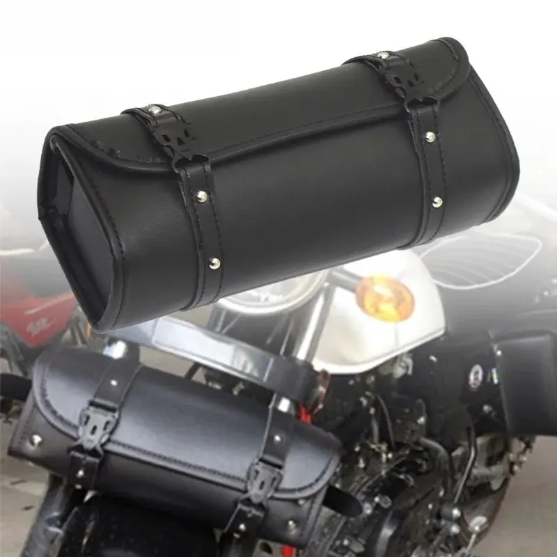 Universal Motorcycle Front Fork Storage Bag - Heavy-Duty PU Leather, Quick-Install Straps, Roomy Capacity for Tools/Phone/Gloves