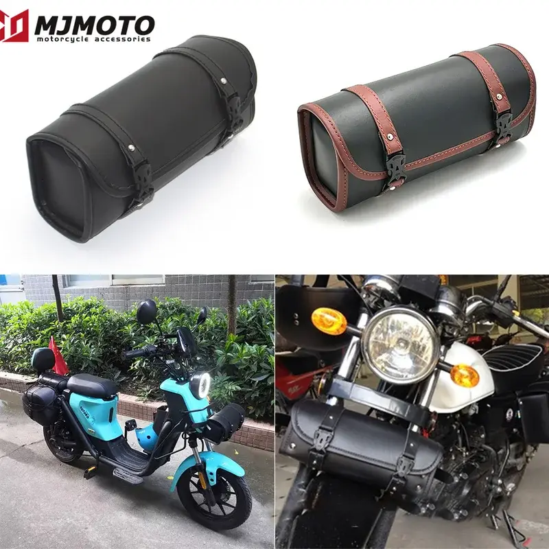 Universal Motorcycle Front Fork Storage Bag - Heavy-Duty PU Leather, Quick-Install Straps, Roomy Capacity for Tools/Phone/Gloves