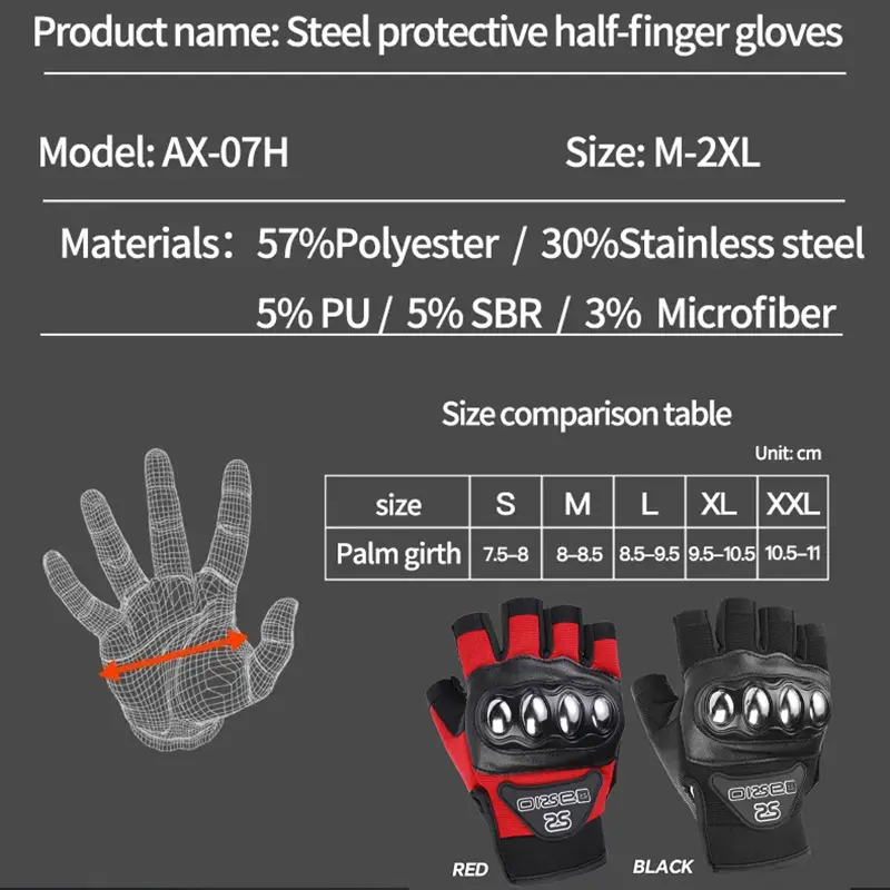 Summer Motorcycle Gloves Half Finger Breathable for Men & Women Stainless Steel Riding Gloves Motocross Anti-Slip Protective