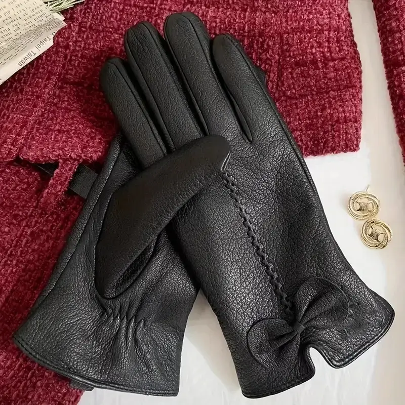 Black Velvet Warm Sheepskin Motorcycle Gloves for Women Versatile Fashionable and Windproof for Autumn/Winter Cycling & Driving
